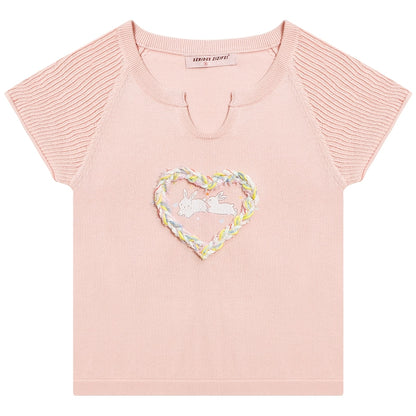 Love Rabbit Printed Hollow T-shirt | Retro Three-Dimensional Knitted Design for Summer