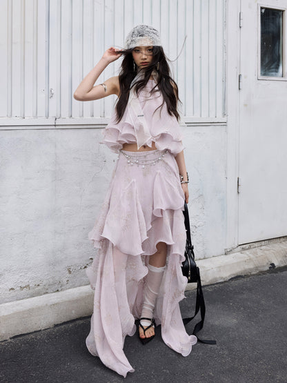 Peach Pink Ruffle Halter Dress | Fairycore Two-Piece Set