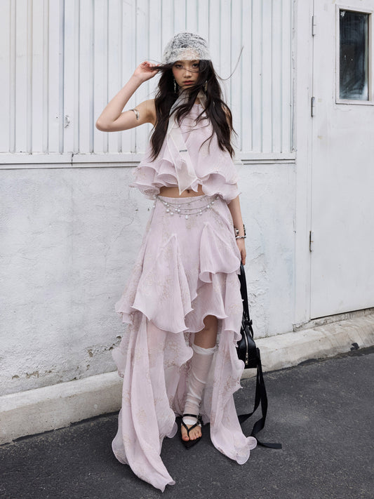 Peach Pink Ruffle Halter Dress | Fairycore Two-Piece Set