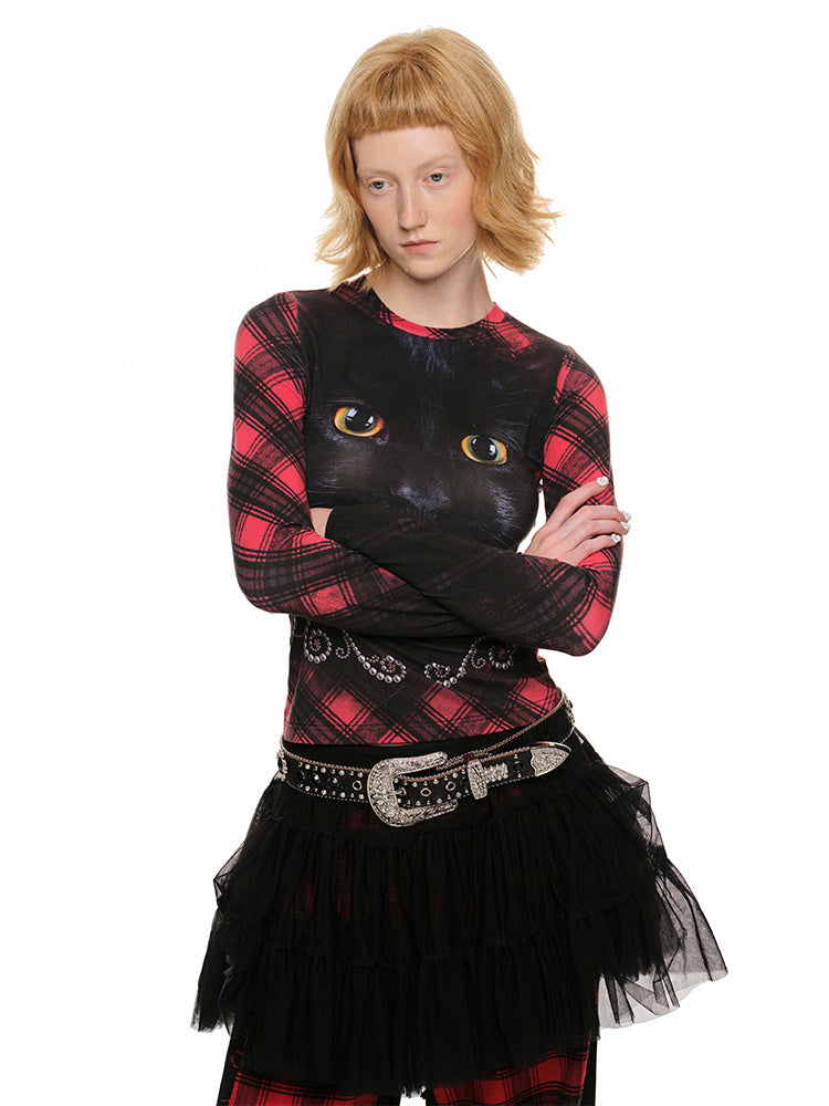 Cat Print Slim Long Sleeve Tee – Fall/Winter Base Layer Top