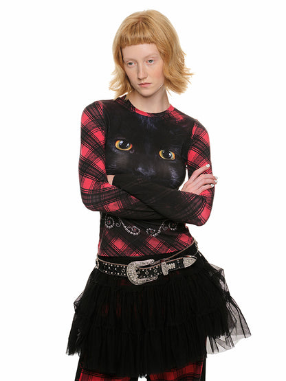 Cat Print Slim Long Sleeve Tee – Fall/Winter Base Layer Top