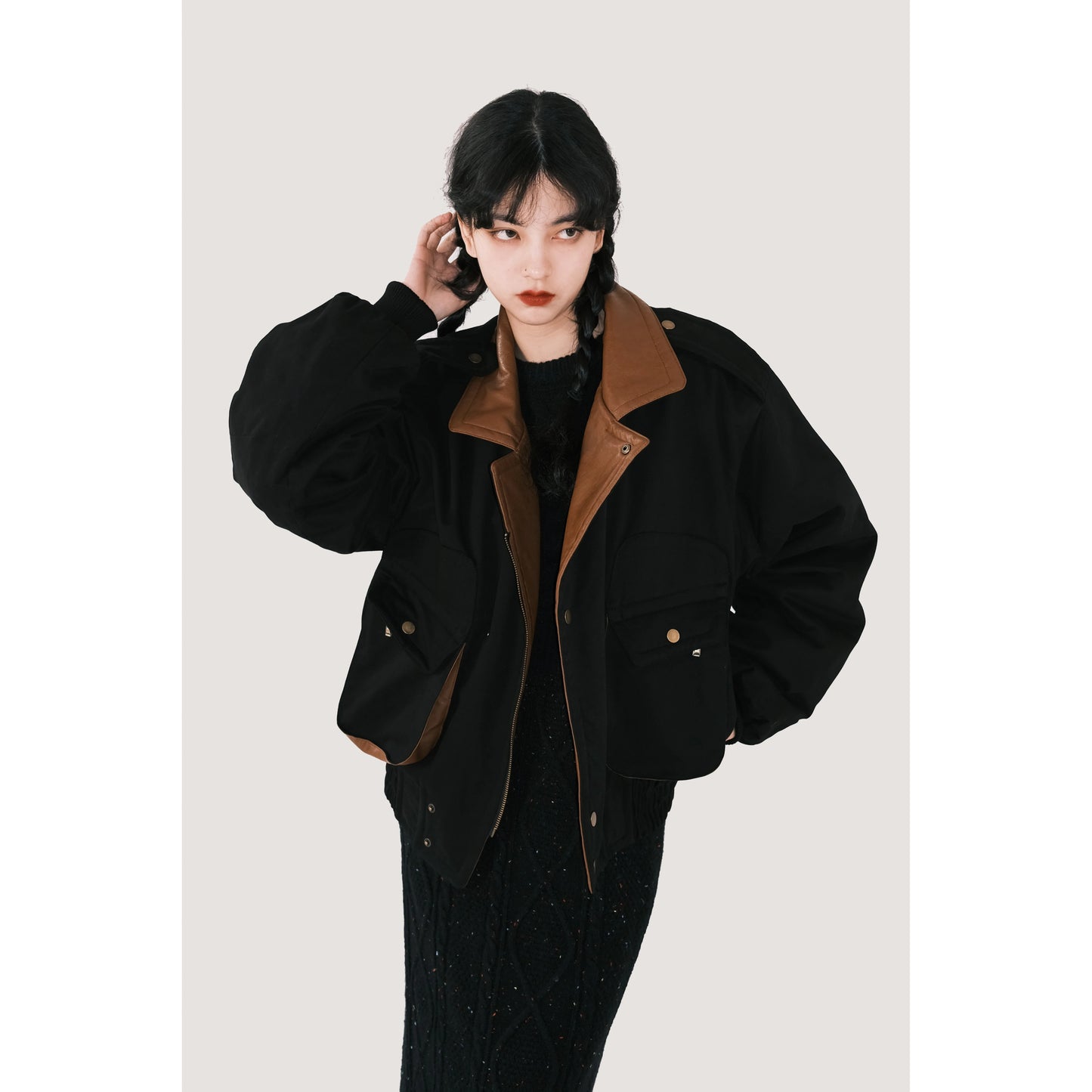 Winter Cotton Retro Black Jacket - Spliced PU Collar