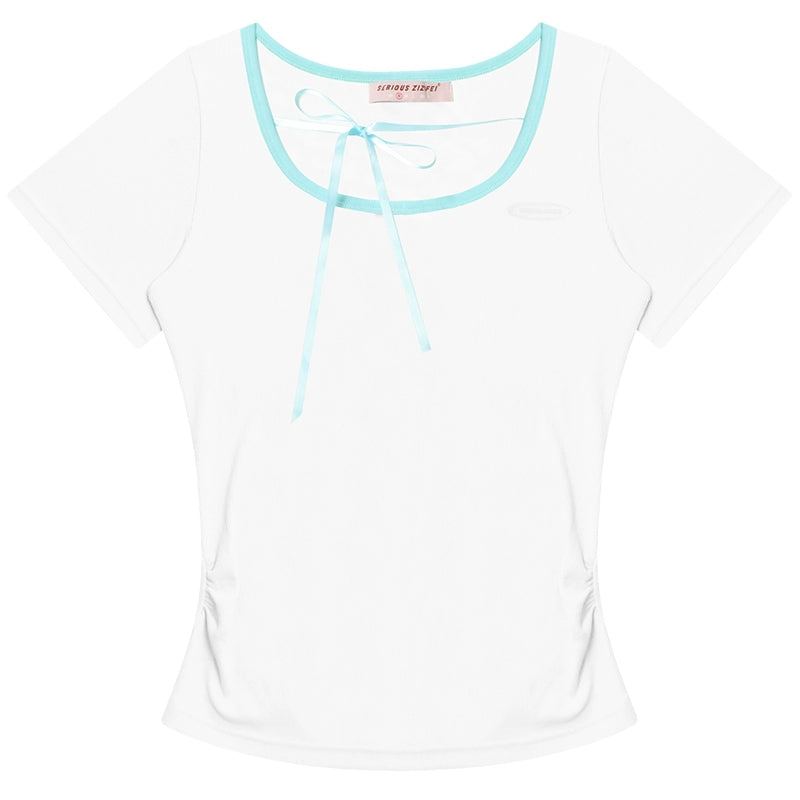 Bow U-neck Slim Fit T-shirt | Contrast Square Neck Design for Summer