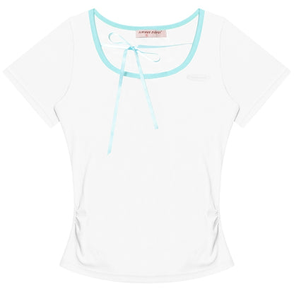 Bow U-neck Slim Fit T-shirt | Contrast Square Neck Design for Summer