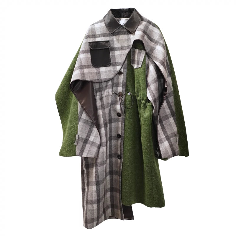 Moss Green Plaid Detachable Cape Coat D426