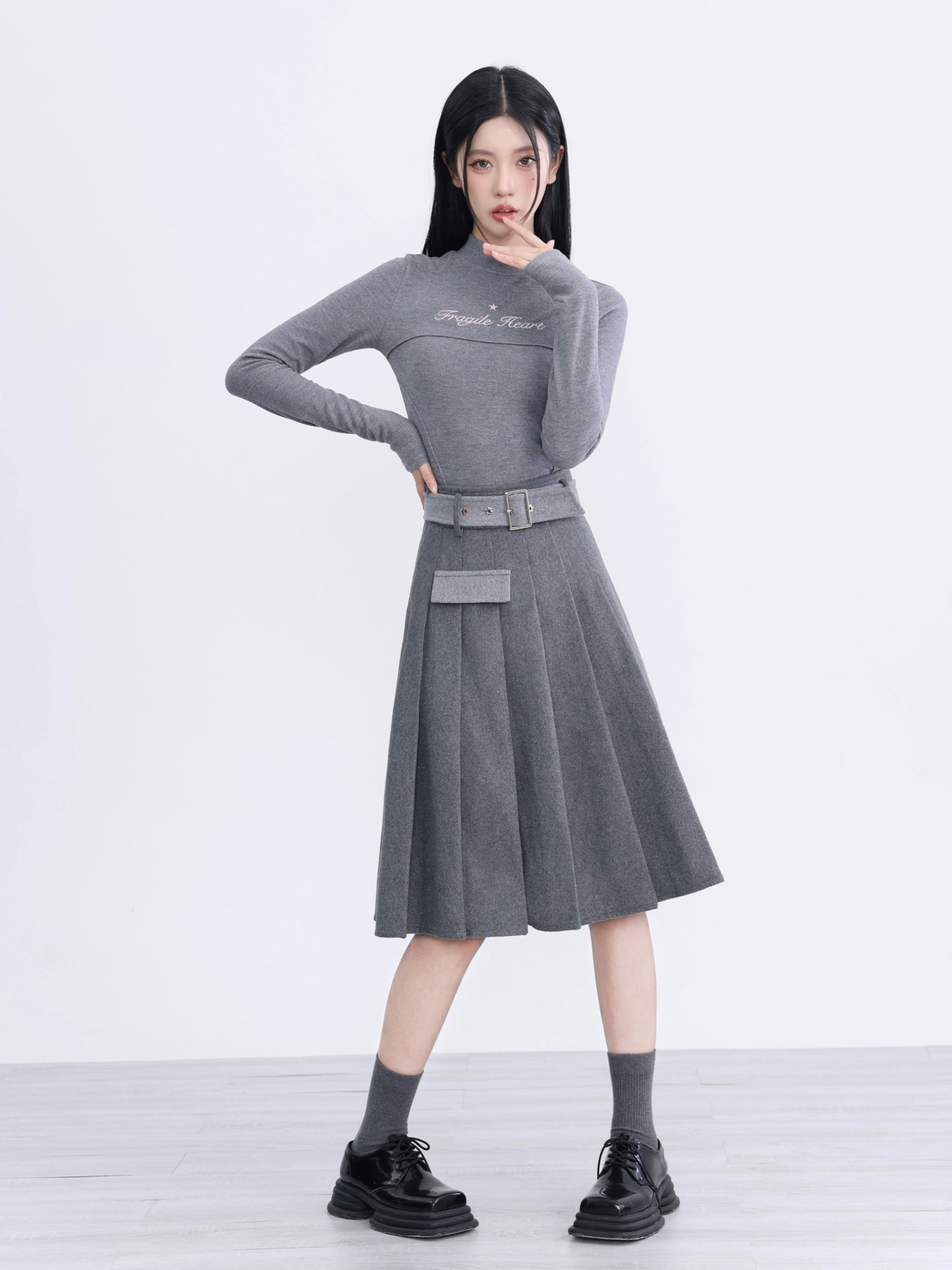 Patchwork Asymmetrical Pleated Gray Woolen Skirt