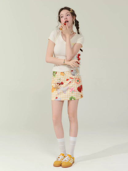 Fruit Print Short Skirt | Retro Yellow High Waist Slim Fit Summer Style