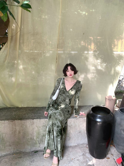 Deep Forest V-Neck Printed Maxi Dress