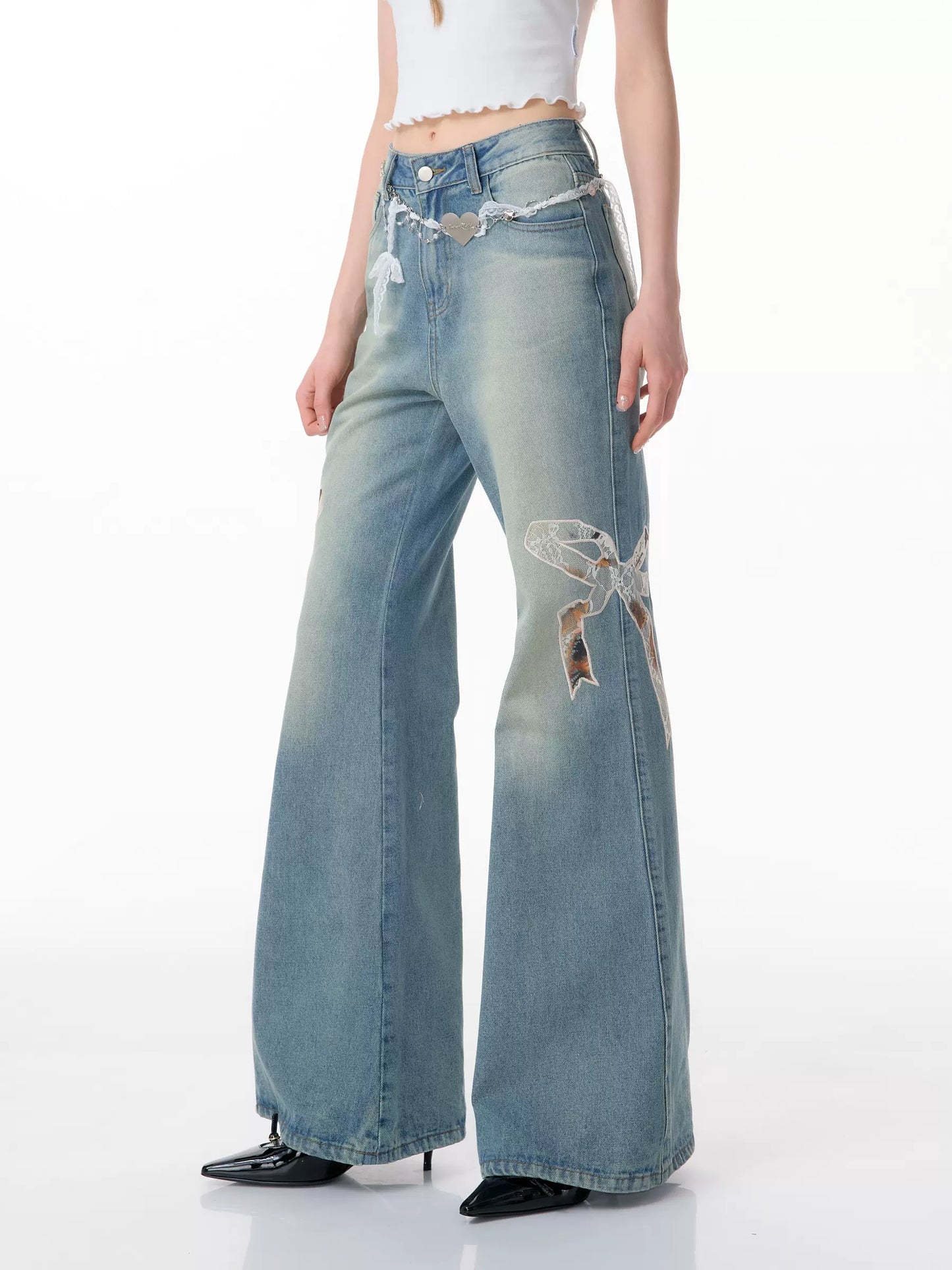 Bow Embroidered Wide-Leg Jeans | High Waist Slim Fit Micro Flare Design