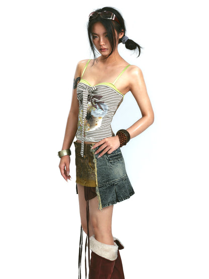 Denim Print Raw Edge Skirt – Tinted Washed Look