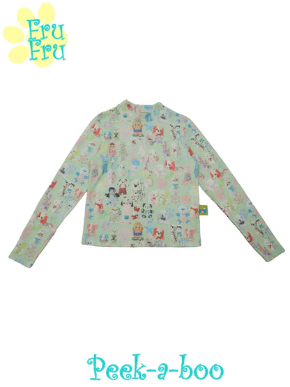Gollum Store Dollhouse Series Original design cute printed green sweet girl's base shirt