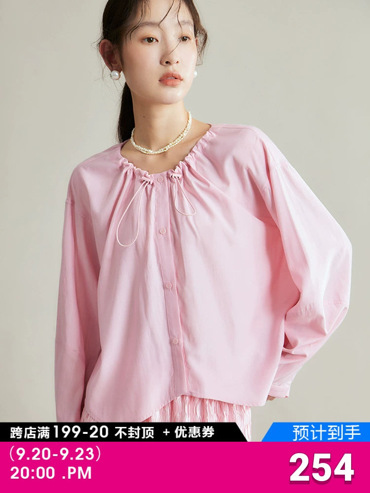 Original Design Ice Peach Bubble Drawstring Round Neck Lightweight Heavenly Silk Loose Early Autumn Long Sleeve Shirt