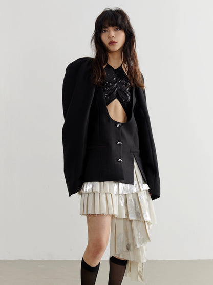 Deep U-Neck Bubble Pleated Sleeve Jacket