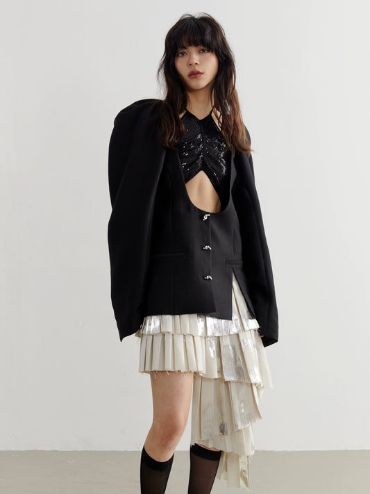 Deep U-Neck Bubble Pleated Sleeve Jacket