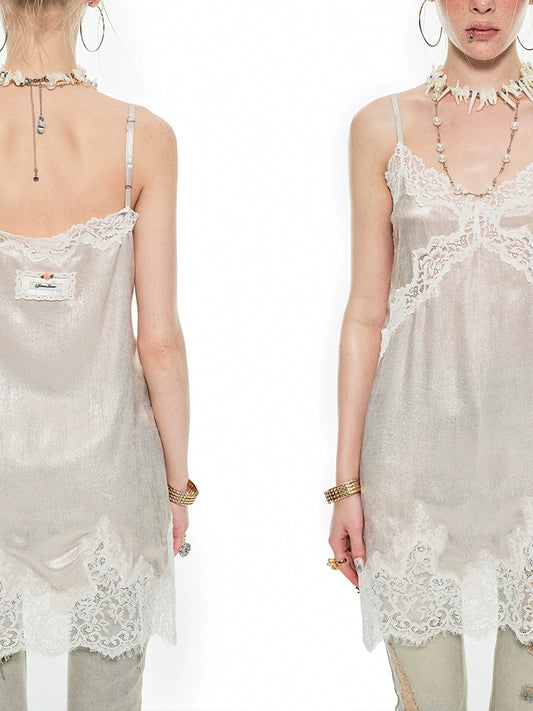 Metallic Lace Slip Dress Top – French Romantic Slim Midi Camisole