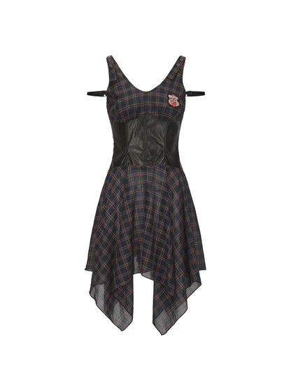 Leather Belted Plaid Dress | Irregular Thin Style for Date Parties