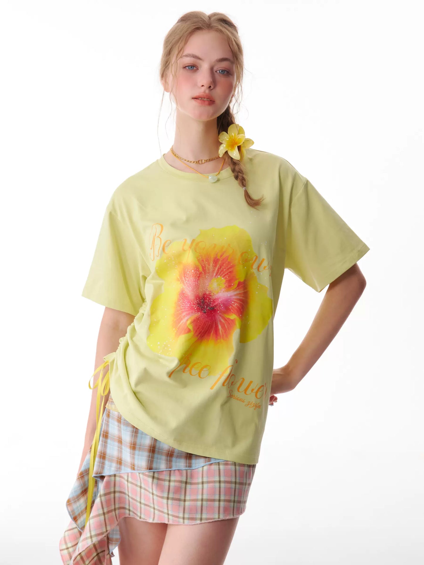 Flower Printed Drawstring T-shirt | Loose Round Neck Retro Design for Summer