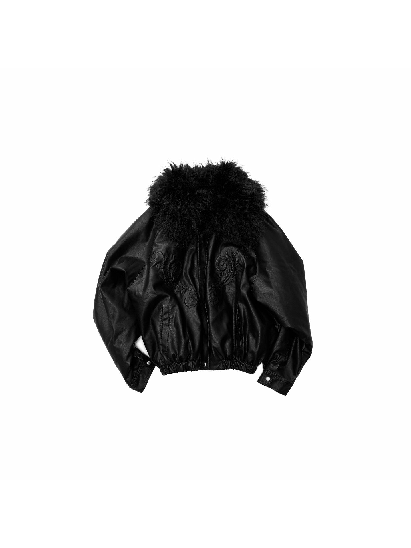 Fur Collar Embroidered Leather Jacket