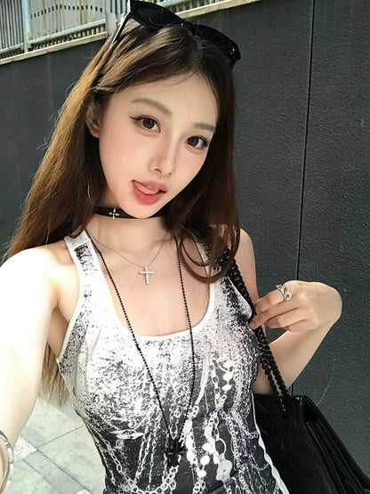 Hong Kong Style Slim Fit Sleeveless Printed Dress - Summer Vest Skirt