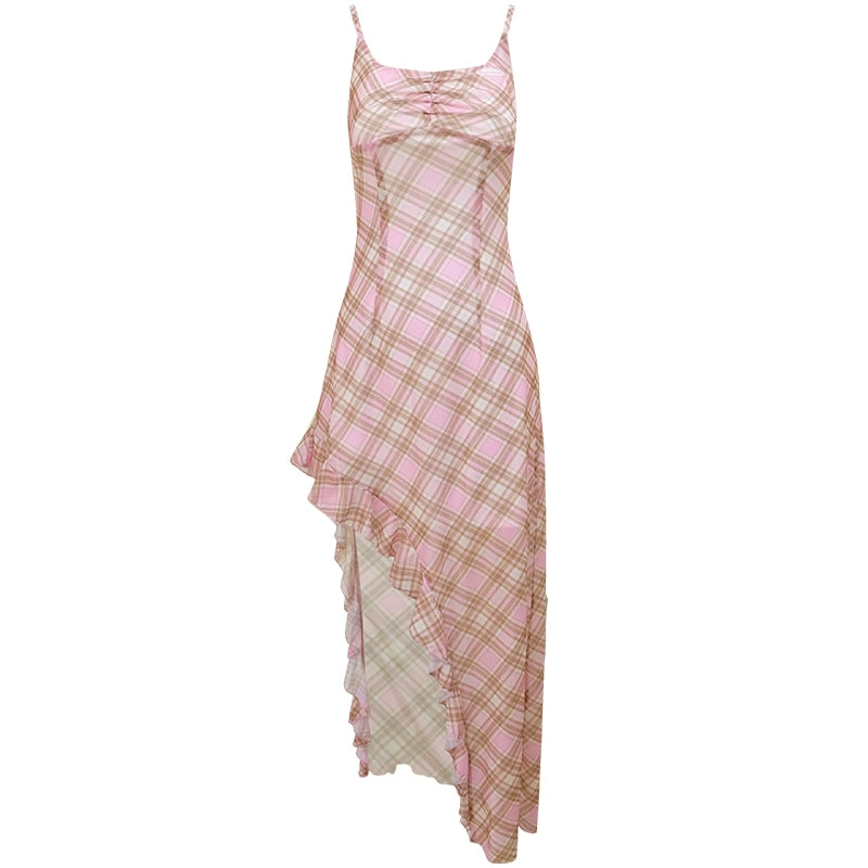 Robe camisole à carreaux rose | Conception d’été coupe slim irrégulière