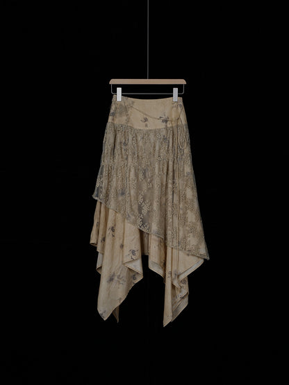 Teal Lace Spliced Silk Skirt