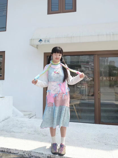 Sky Blue Patchwork Knit Tank Dress | Sweet Y2K Star Mini Dress