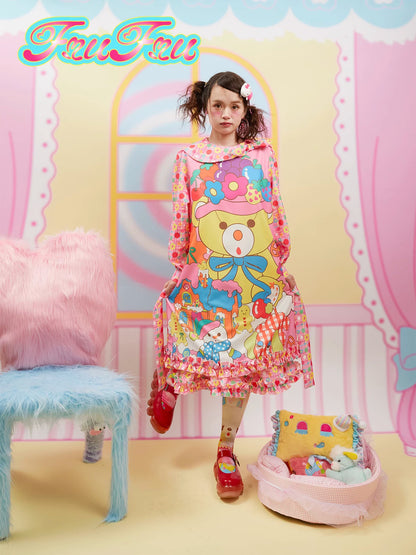 Gollum Store Girls' Room Autumn/Winter Doll Collar Pink Cute Little Bear Print Sweet Dress