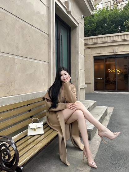 Camel Double-Faced Cashmere Coat – High-Quality Large Lapel Woolen Cape