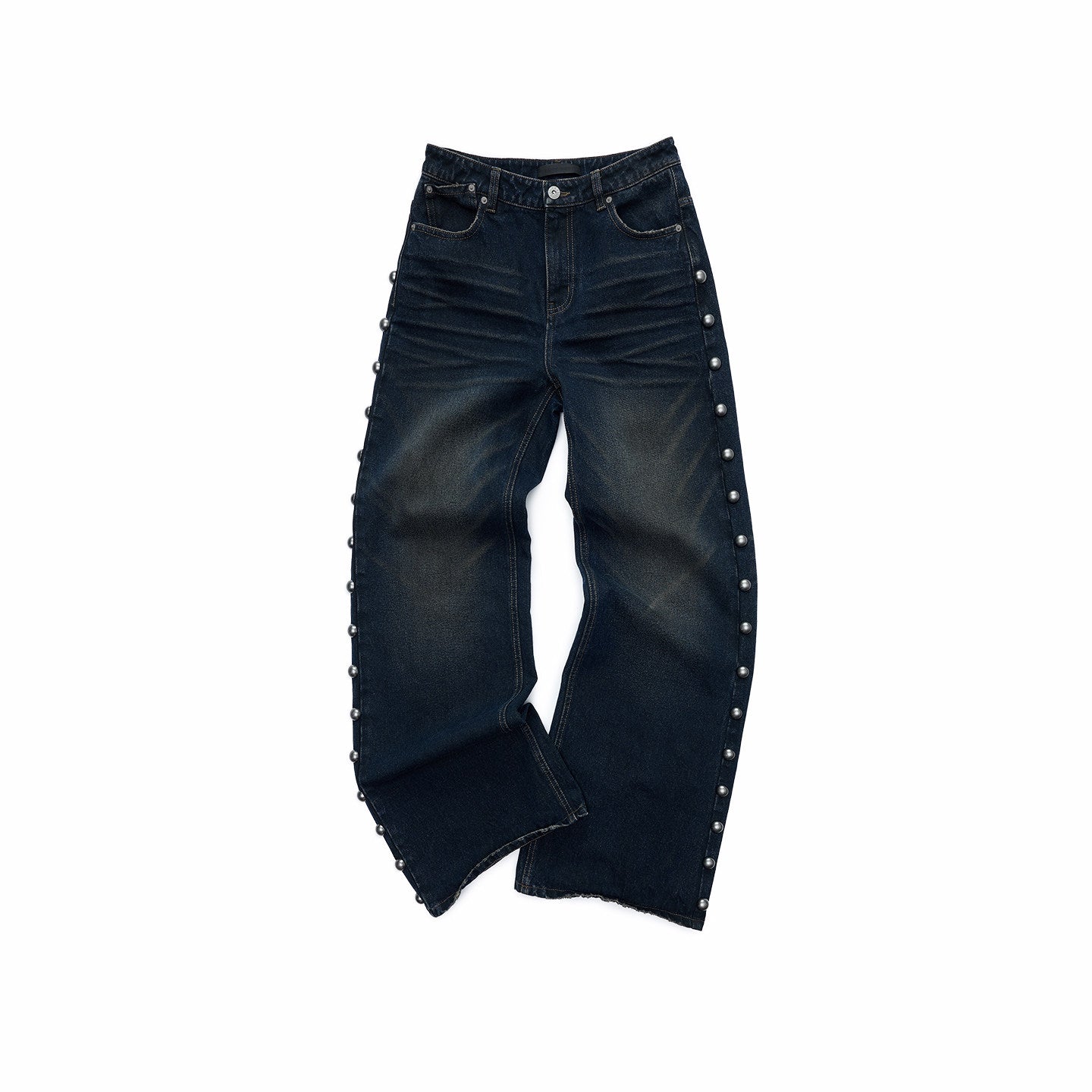 Distressed Rivet Wide-Leg Jeans