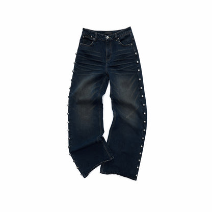 Distressed Rivet Wide-Leg Jeans