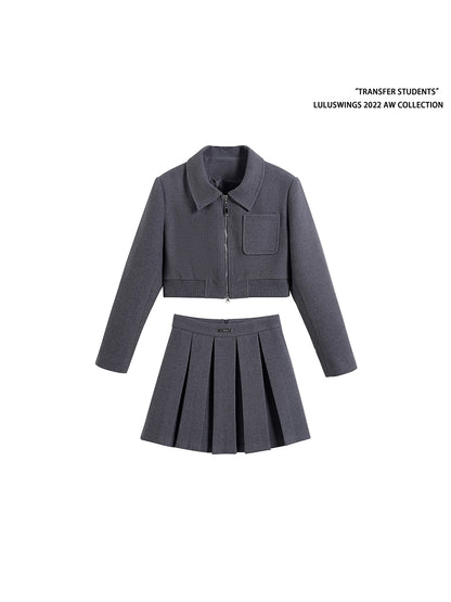 Woolen Jacket and Pleated Skirt Set - Grey Minimalist