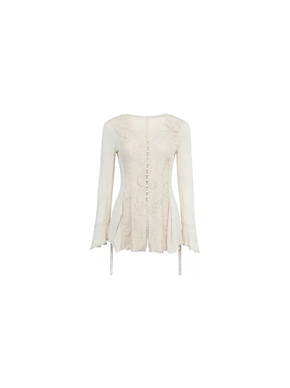 Wine afternoon homemade [spring day, imagination] retro elegant style lace edge 100 people cotton V-neck waist long-sleeved top girl