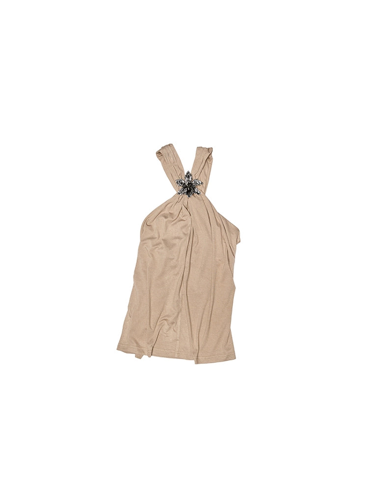 Shirred Neck Halterneck Sleeveless Top – Acetate Camisole with Buttons