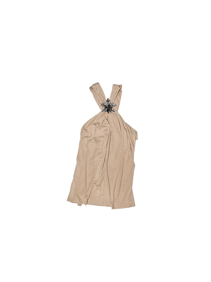 Shirred Neck Halterneck Sleeveless Top – Acetate Camisole with Buttons