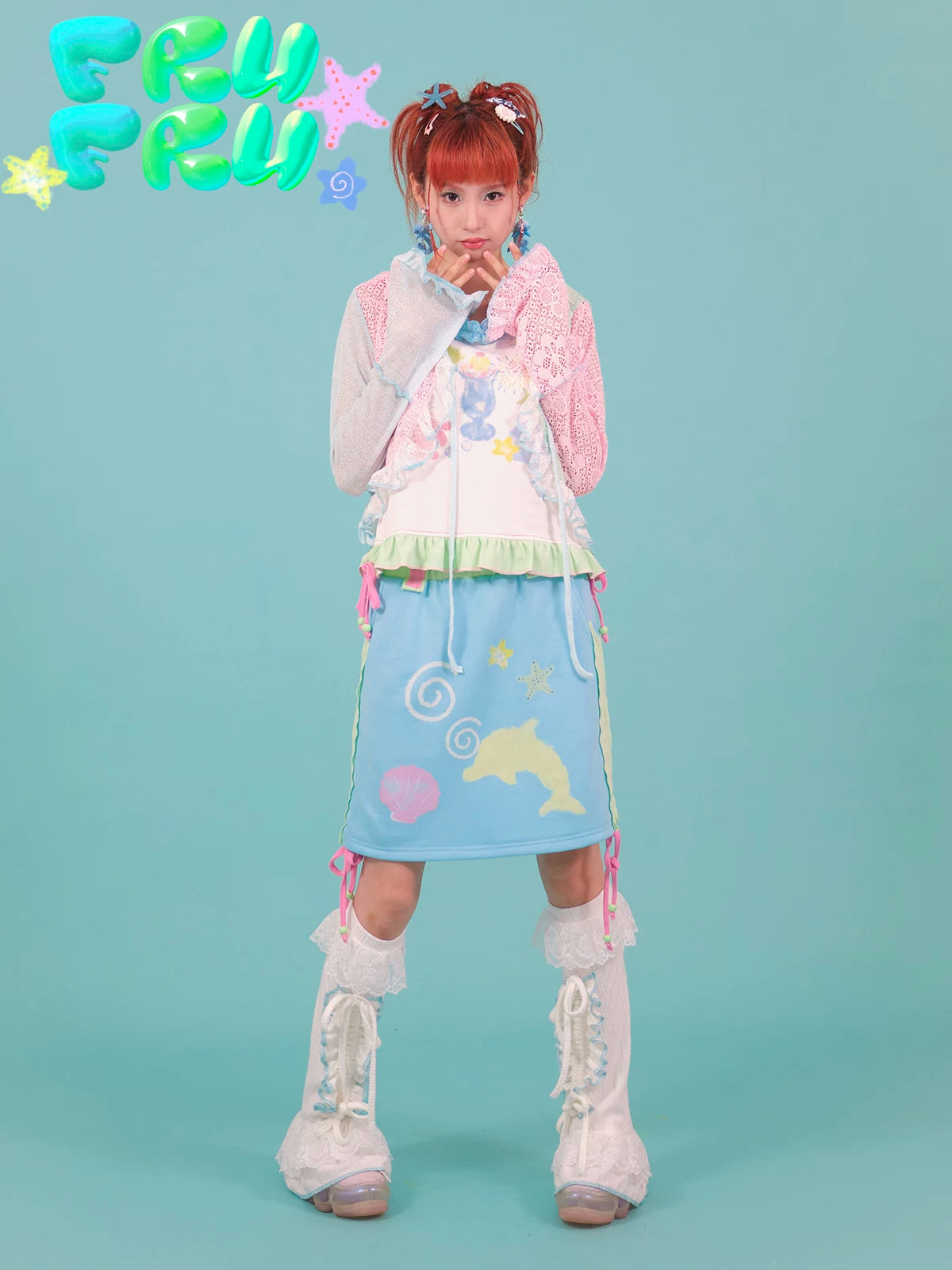 Gollum Store Original Color-Block Cute Illustration Y2K Blue Girl Cute Dolphin Print Mini Skirt