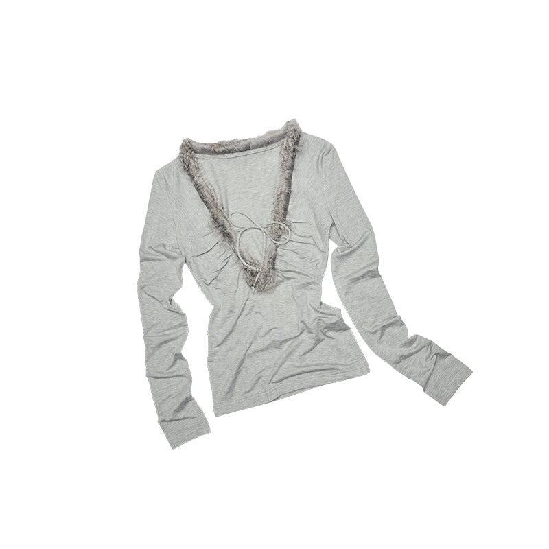 Raw Edge Panel V-Neck Knit Top – Slim Long Sleeve Base Layer