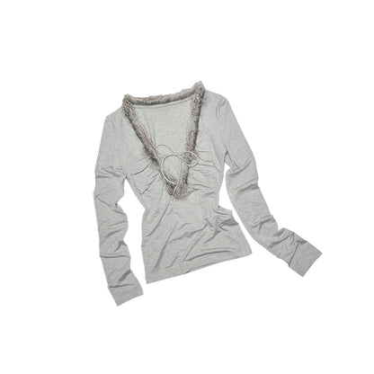 Raw Edge Panel V-Neck Knit Top – Slim Long Sleeve Base Layer