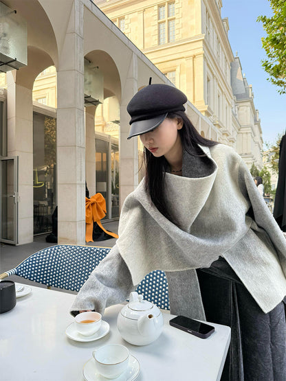 Gradient Cashmere Coat – Hepburn-Style Woolen Scarf Cape