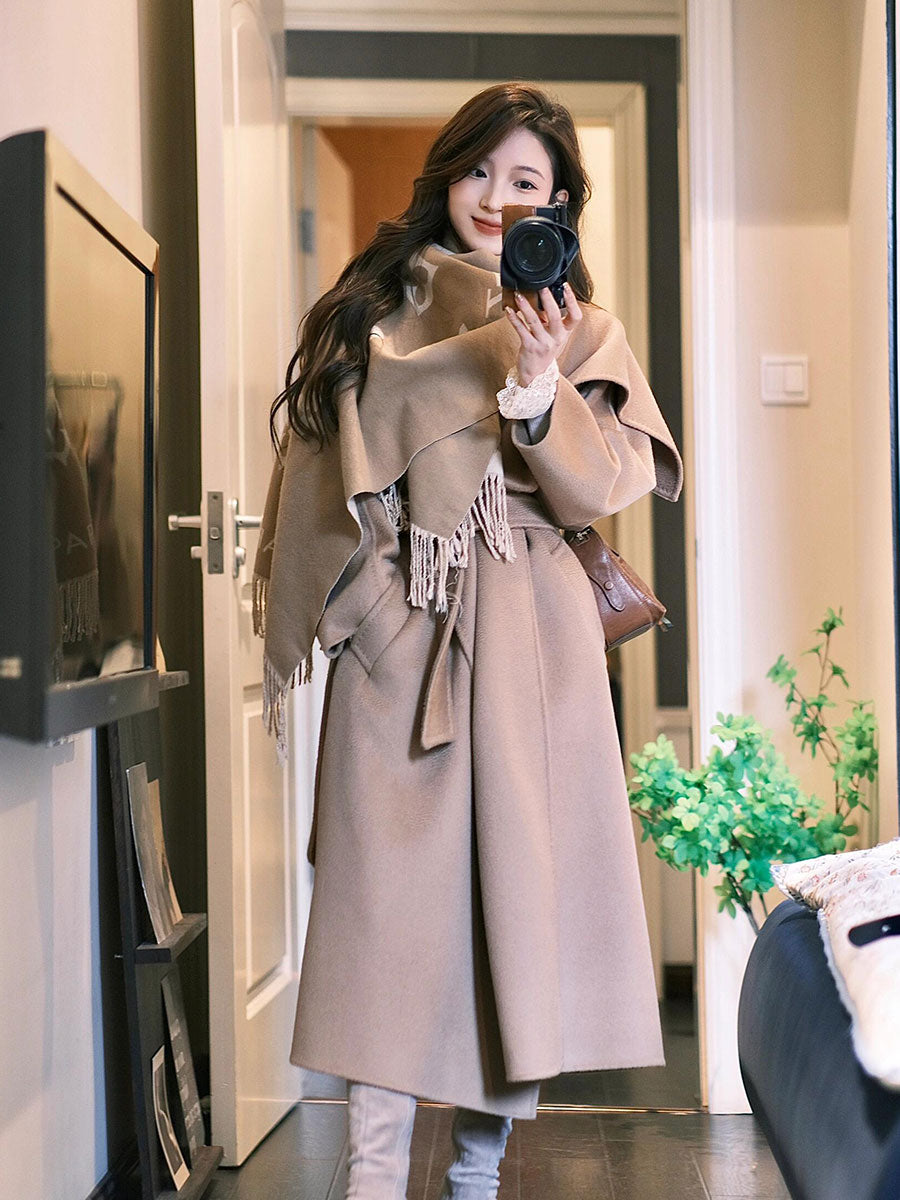 Camel Double-Sided Cashmere Coat – Hepburn-Style Mid-Length Woolen Elegance