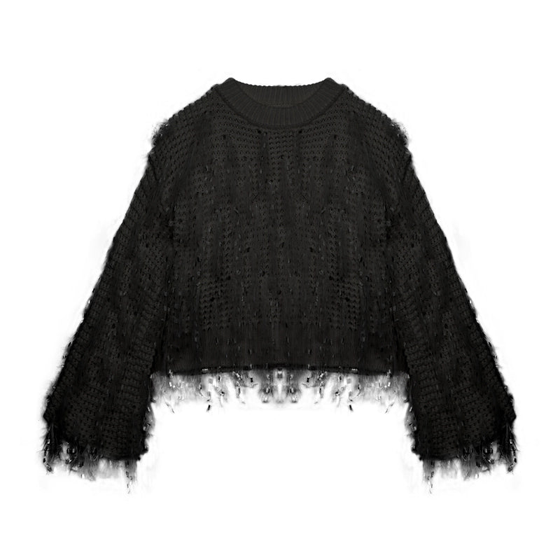 Half Cut Poetry Tassel Feather Round Neck Pullover