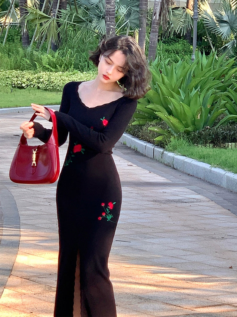 Hong Kong Style: Rose Embroidery Black Dress - S / Black. Long sleeved Hong Kong Style: Rose Embroidery Black Dress - S / Black. Long sleeved