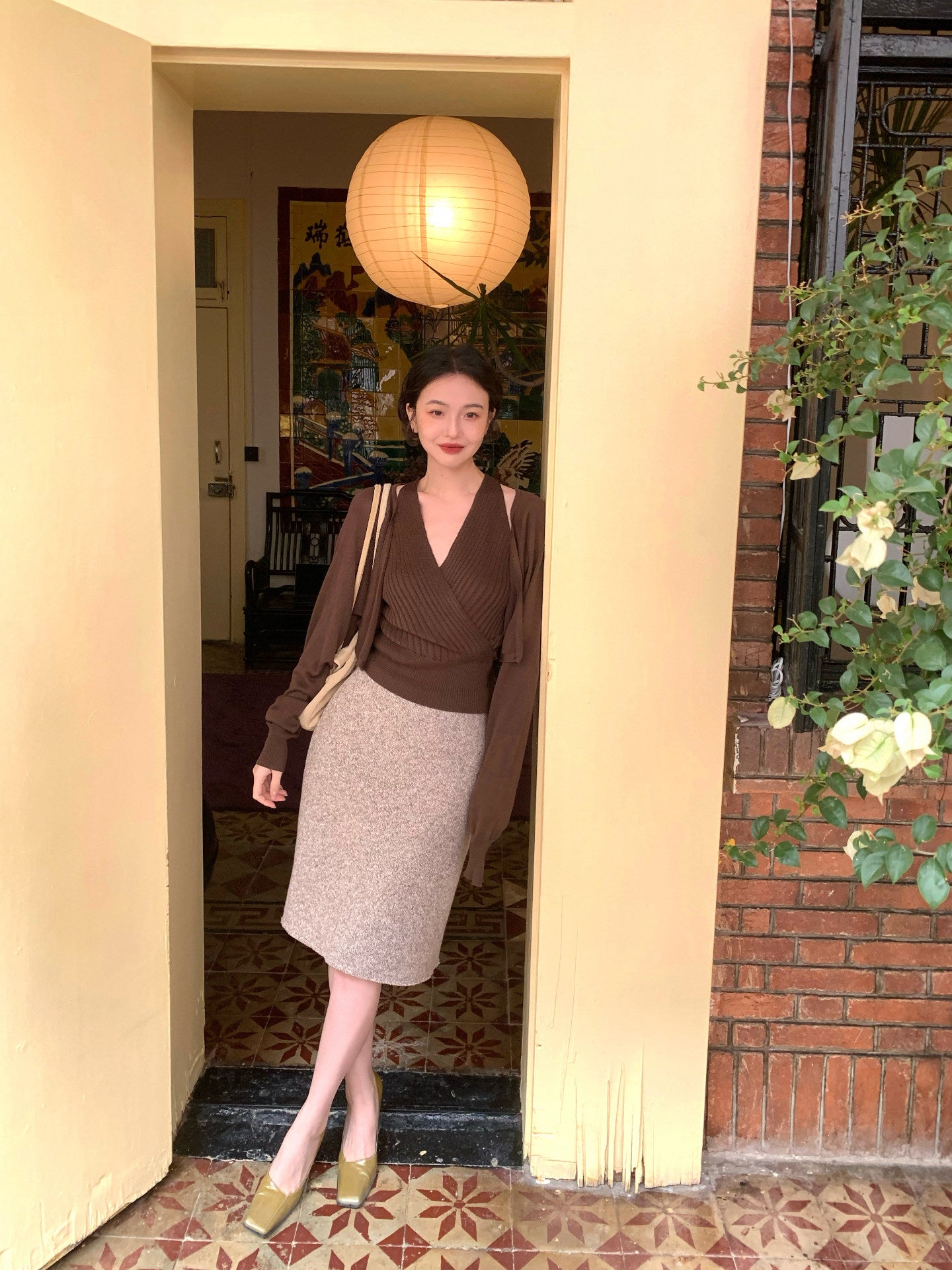 Lyocell Knit Cardigan & Halterneck Top Set