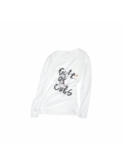 Cat Print Cut-Out Long Sleeve Top