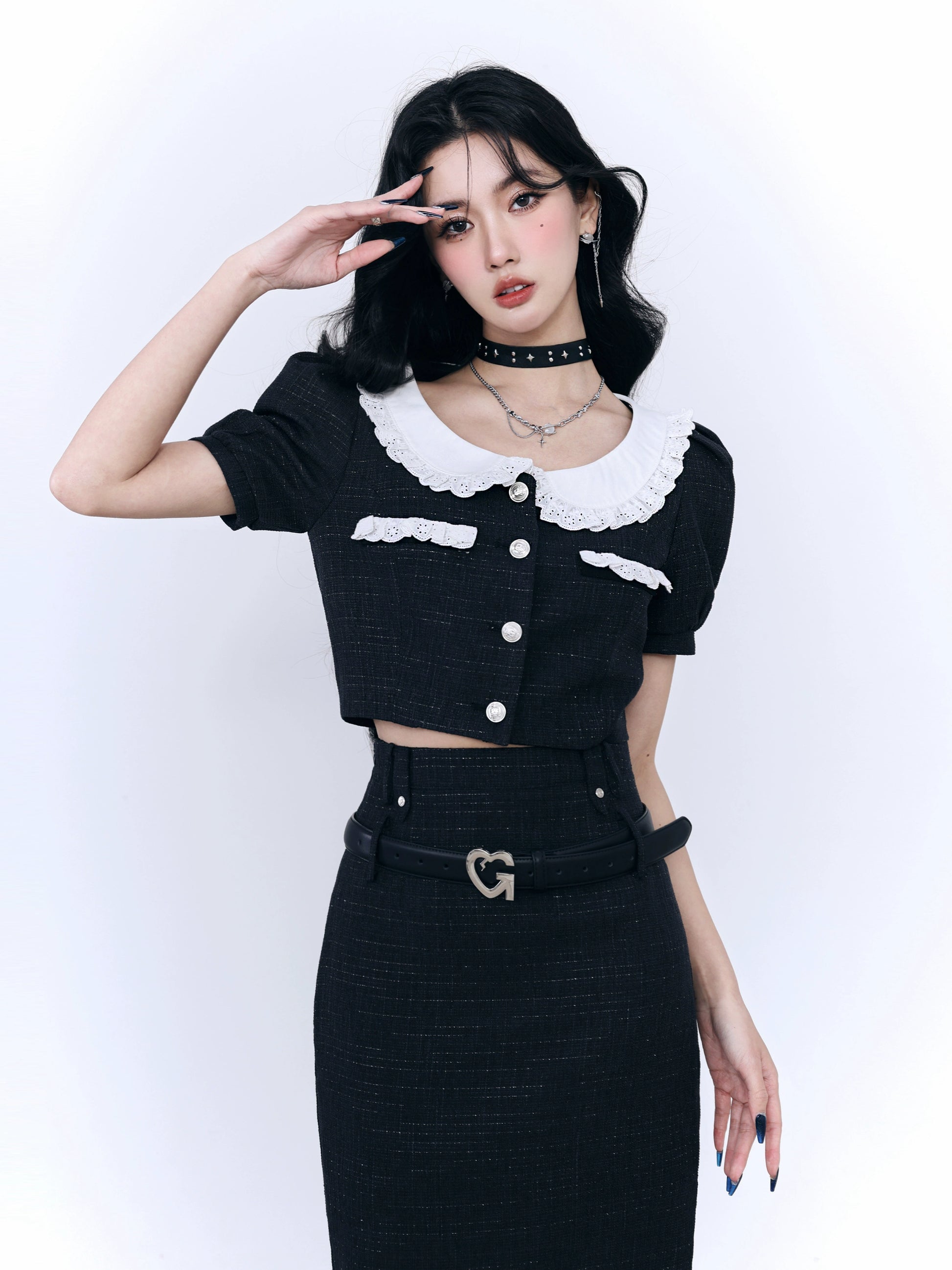Black Doll Neck Thousand Gold Two-Piece Skirt