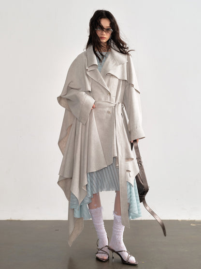Linen Blend Trench Skirt Coat | Detachable Cape Outerwear