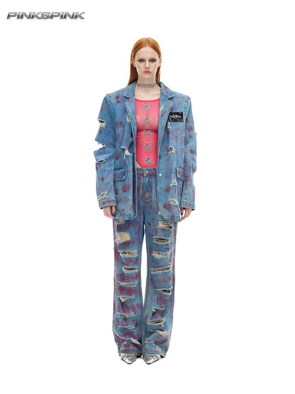 Wasteland Washed Irregular Ripped Unisex Denim Jeans