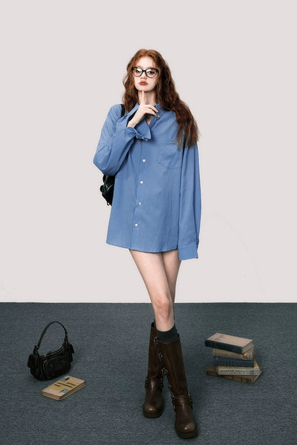 Bubble Cotton Boyfriend Style Shirt - Blue