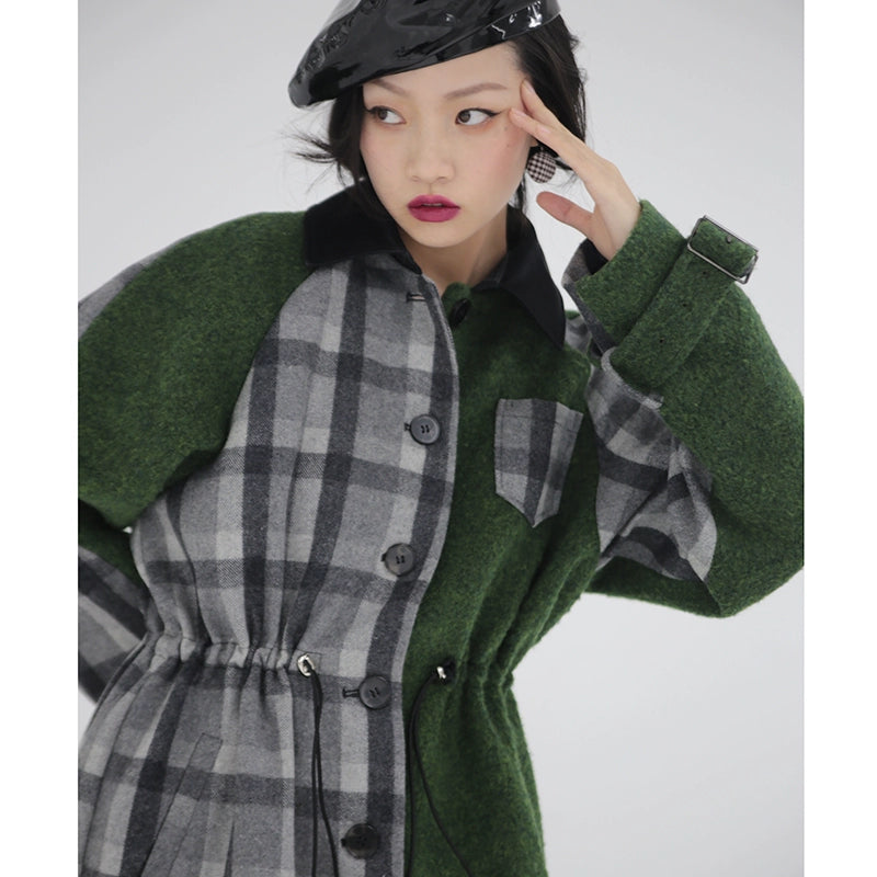 Moss Green Plaid Detachable Cape Coat D426