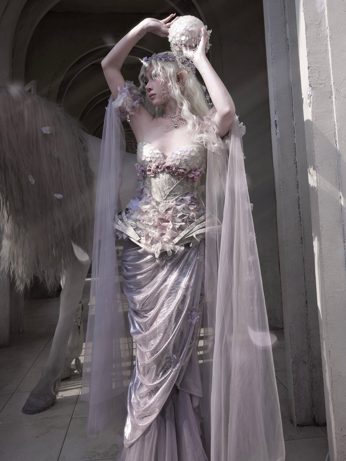 Silver Fairy Armor Dress Set | Elfcore Sparkle Fishtail Ensemble