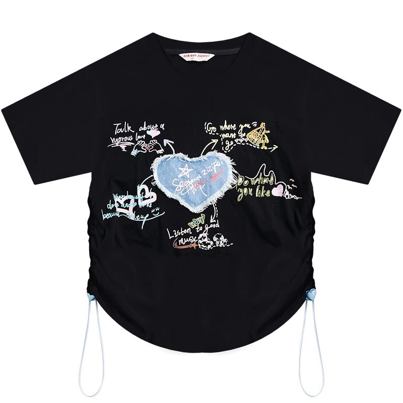 Love Patch Printed Drawstring T-shirt | Heavy Industry Round Neck Design for Summer